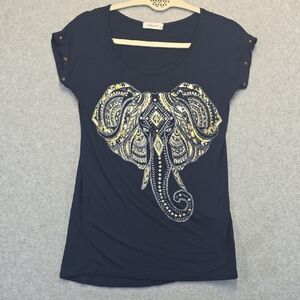 Daily Special Black Elephant Graphic Tee Womens Small Stud Sleeve Top